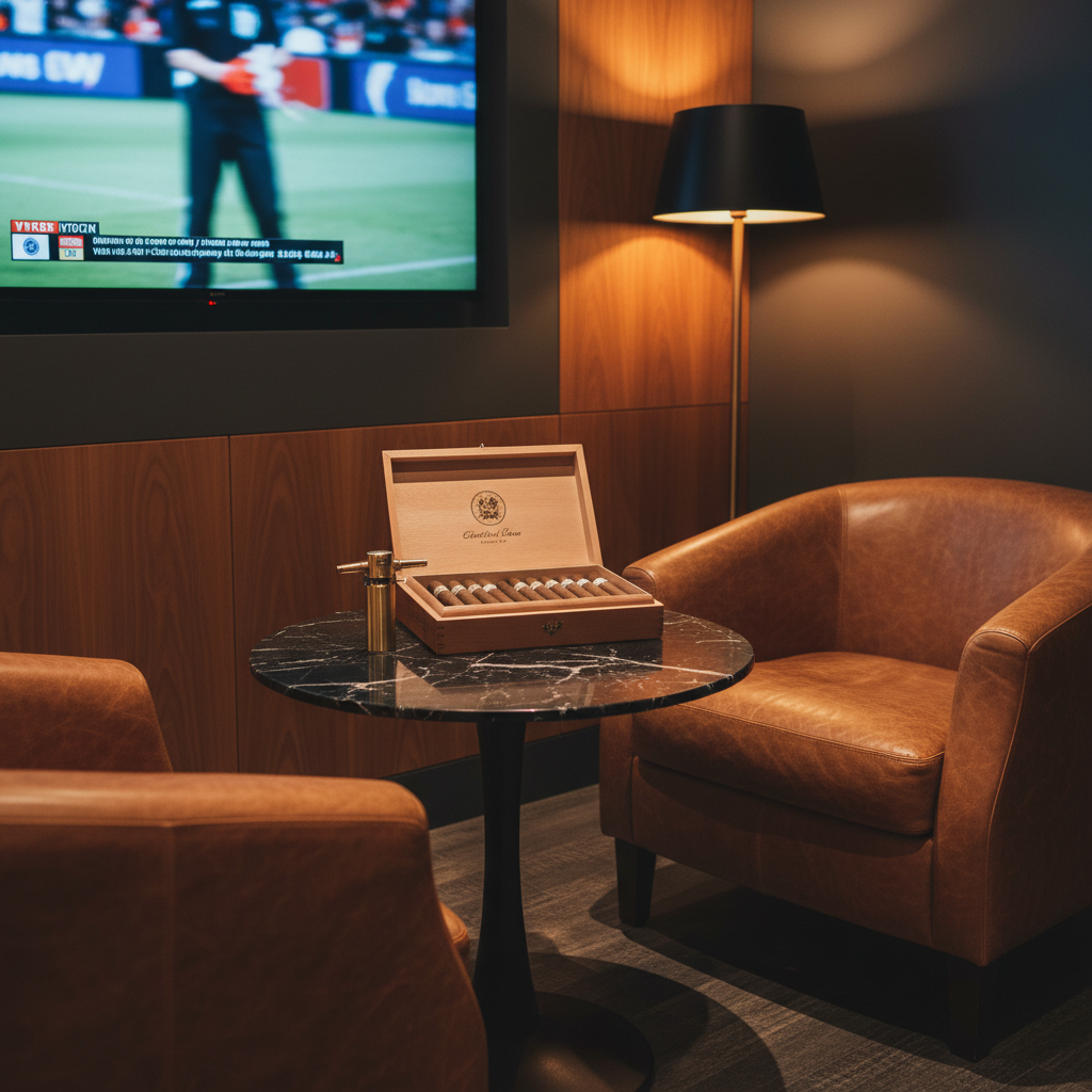An inviting corner of a downtown cigar lounge featuring a pair of plush, cognac-colored leather club chairs with visible creases and a soft sheen, angled toward a low, round black marble table. On the table rests an open cigar box displaying neatly lined hand-rolled cigars and a sleek brushed-gold torch lighter. The background shows a large wall-mounted flat-screen TV displaying a blurred sports broadcast, surrounded by deep charcoal walls and warm wood paneling. Cinematic, warm side lighting from a nearby floor lamp creates dramatic contrast, highlighting leather textures and casting soft shadows. Captured from a slightly elevated three-quarter angle with balanced composition, the image feels relaxed, grown, and sophisticated, emphasizing comfort and culture without any human presence.