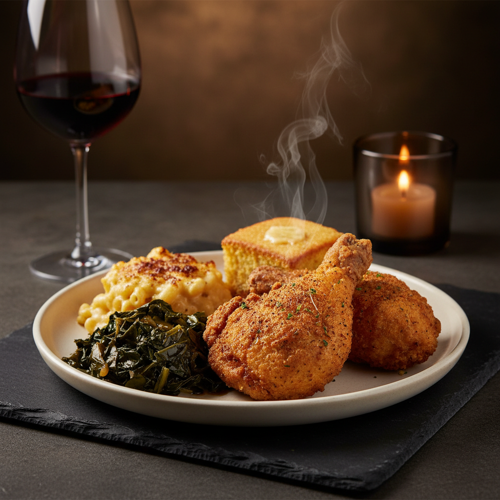 A close-up cinematic shot of a meticulously arranged soul food plate set on a dark slate tabletop in a refined lounge setting. Crispy golden fried chicken with a textured, seasoned crust sits beside creamy macaroni and cheese, collard greens glistening with broth, and a warm, buttered cornbread square on a matte off-white ceramic plate. In the background, slightly out of focus, a stemmed wine glass filled with deep red wine and a small candle in a smoked-glass holder add ambiance. Warm, directional spotlighting from above emphasizes the food’s textures and steam, creating gentle shadows and a restaurant-quality sheen. The composition follows the rule of thirds with a shallow depth of field, producing a cinematic, mouthwatering, and elevated comfort-food atmosphere suited for a sophisticated soul food bar.