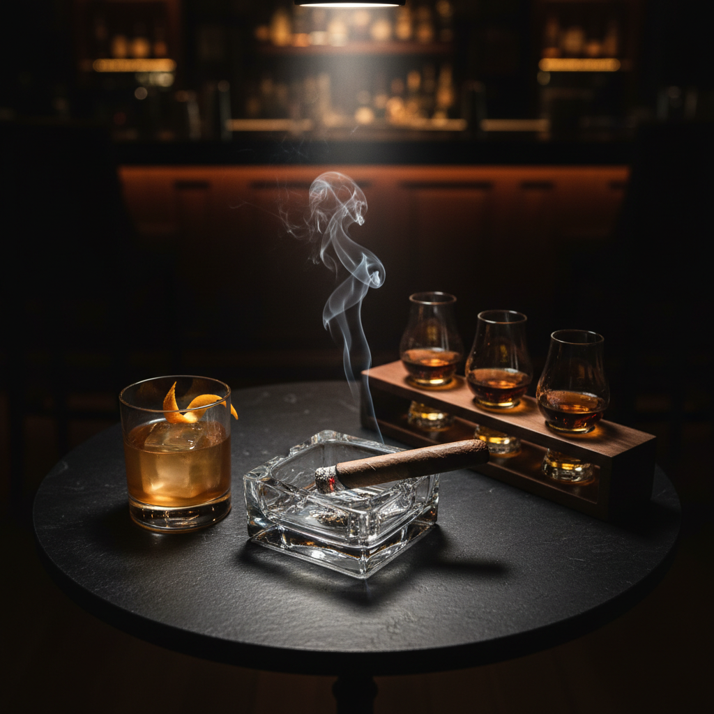 A moody, cinematic overhead shot of a small black stone table in a cigar lounge, artfully arranged with a lit cigar resting in a heavy, square crystal ashtray, a half-finished old fashioned cocktail garnished with an orange twist, and a small tasting flight board holding three neat pours of whiskey in tulip-shaped glasses. Wisps of smoke curl upward into the dark, blurred background, where hints of wood paneling and a glowing bar back are barely visible. The lighting is low and dramatic, with a focused warm spotlight from above creating bright highlights on glass edges and deep, velvety shadows around the scene. The composition is tightly framed and intimate, evoking a refined, grown-folk night out in a sophisticated, downtown Canton cigar and soul food bar.