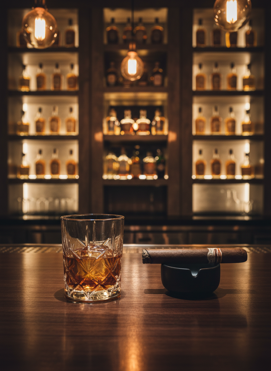 A polished dark walnut bar counter in an upscale cigar lounge, topped with a single heavy-cut crystal rocks glass filled with an amber bourbon cocktail and a large clear ice cube, beside a neatly trimmed premium cigar resting in a matte black ceramic ashtray. Behind, rows of warmly lit liquor bottles glow against charcoal-gray shelving and brushed brass accents. Cinematic, low-key lighting from overhead pendants casts rich highlights on the glass and subtle reflections on the wood. Shot at eye level with a shallow depth of field, the foreground details are razor sharp while the background melts into soft bokeh. The mood is sophisticated, intimate, and grown-folk, with photographic realism and a rich, cinematic color palette of deep browns, golds, and warm shadows.
