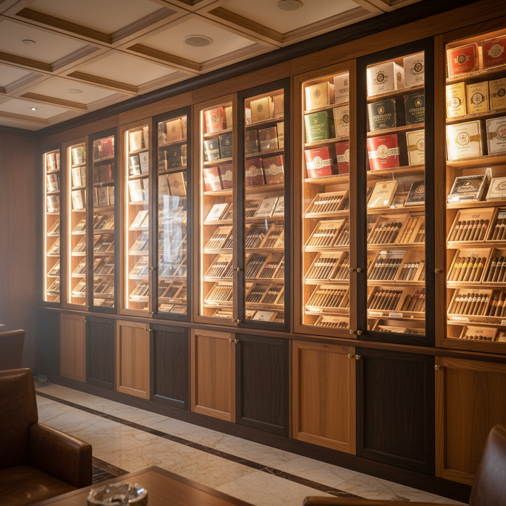 An elegant humidor wall inside a high-end cigar lounge, featuring floor-to-ceiling glass-front wooden cabinets filled with perfectly organized cigar boxes and loose cigars resting on cedar trays. Labels in muted reds, creams, and golds create a subtle tapestry of color against the rich honey and espresso-toned wood. Soft, warm LED strip lighting inside the cabinets illuminates a faint haze of cigar aroma, highlighting the textures of the cigar wrappers and the grain of the wood. Shot from a slightly low, wide-angle perspective to emphasize height and abundance, with crisp focus throughout for maximum detail. The mood is luxurious, curated, and cinematic, with a sophisticated, grown-folk energy and a realistic photographic style that showcases the lounge’s premium cigar selection.